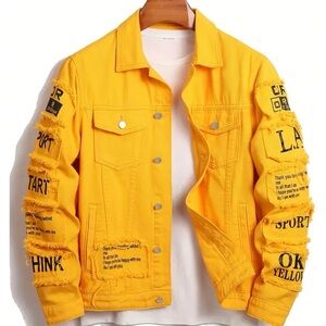SHEIN Yellow Denim Jacket Distressed Patches Streetstyle Size M